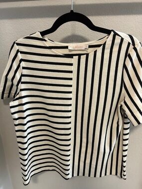 Tory Burch Black and Cream Mixed Stripe Short Sleeve Top